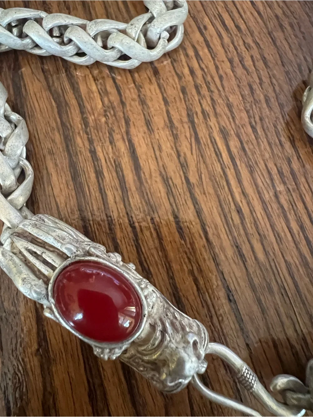 Braided Tibetan Silver Dragon Necklace with Carnelian Cabochons